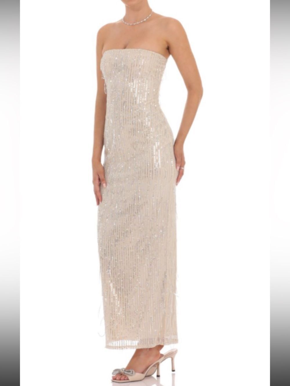 Lucy in the sky Fringe Sequin Strapless Maxi Dress in tan small NEW